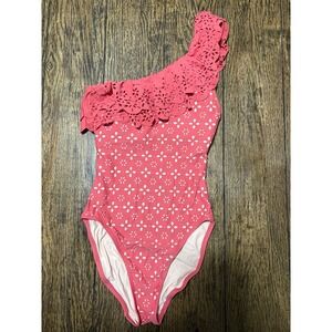 J CREW women's ruffle one-shoulder one piece swimsuit laser-cut eyelet CORAL 2